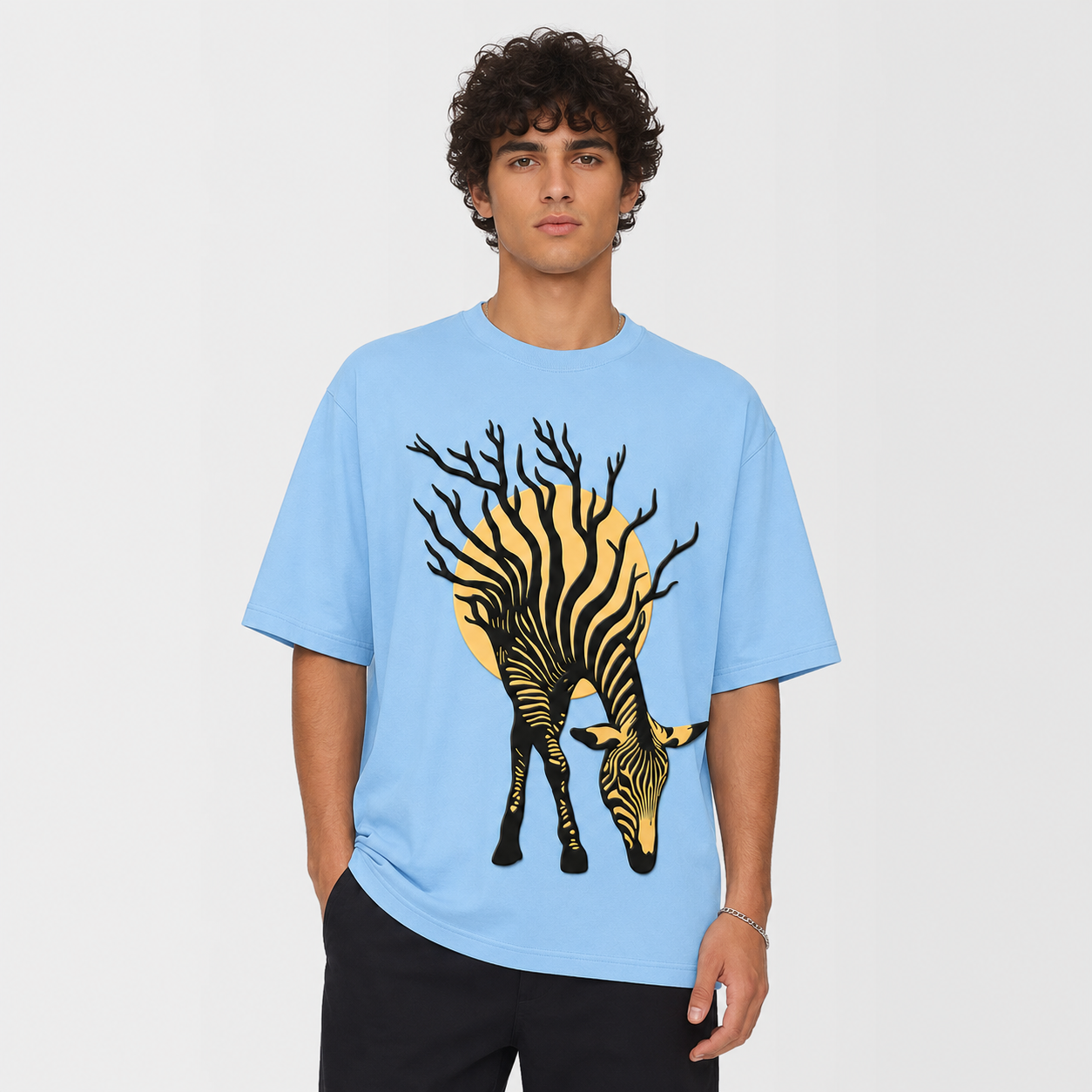 Sky Blue 3D Puff Print Zebra Graphic Oversized T-Shirt