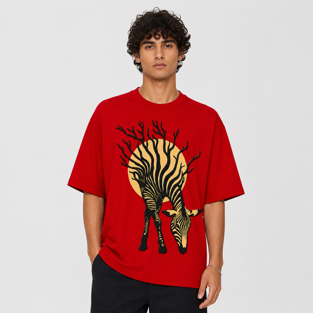 Red Zebra 3D Puff Print Oversized T-Shirt | 240 GSM French Terry Cotton