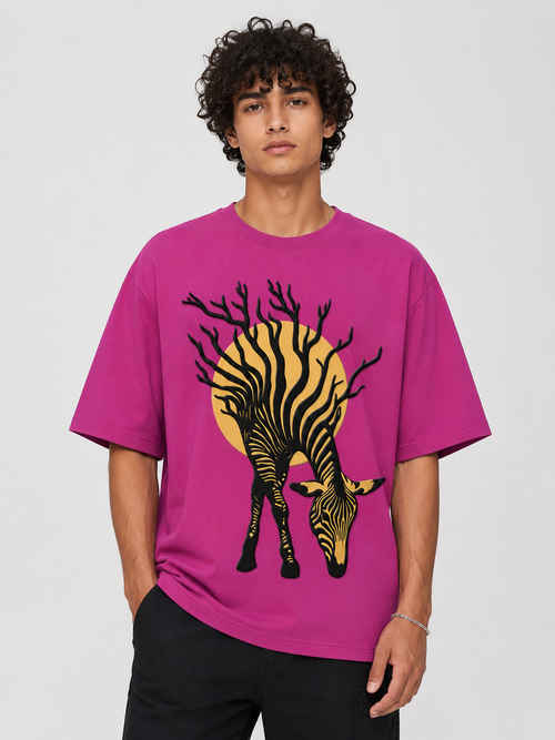 Magenta Zebra 3D Puff Print Oversized T-Shirt | 240 GSM French Terry Cotton