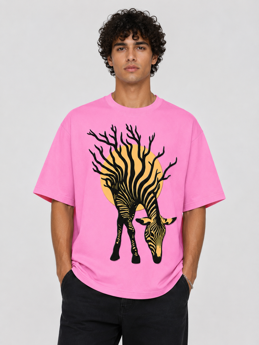 Pink Zebra 3D Puff Print Oversized T-Shirt | 240 GSM French Terry Cotton