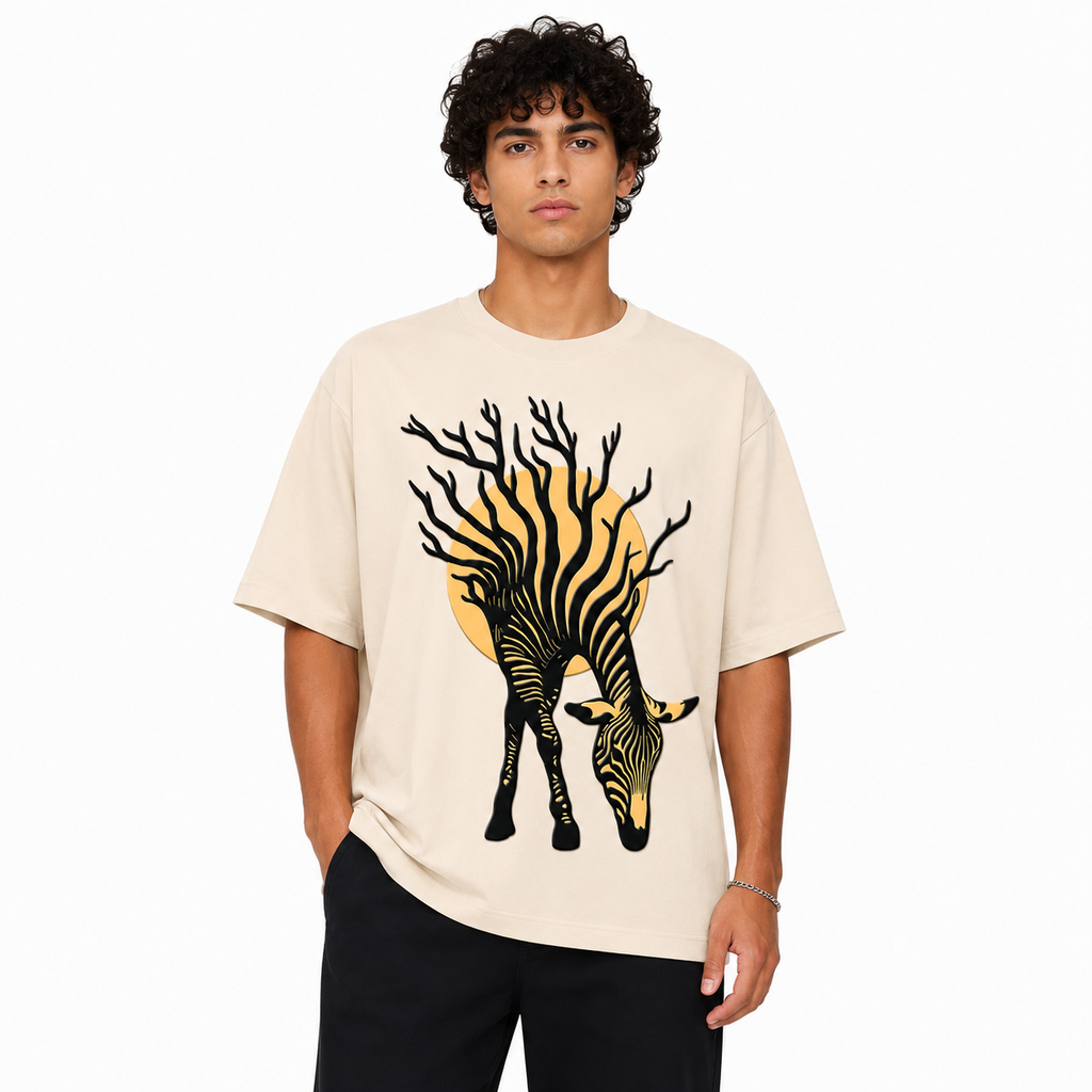 Beige Zebra 3D Puff Print Oversized T-Shirt | 240 GSM French Terry Cotton