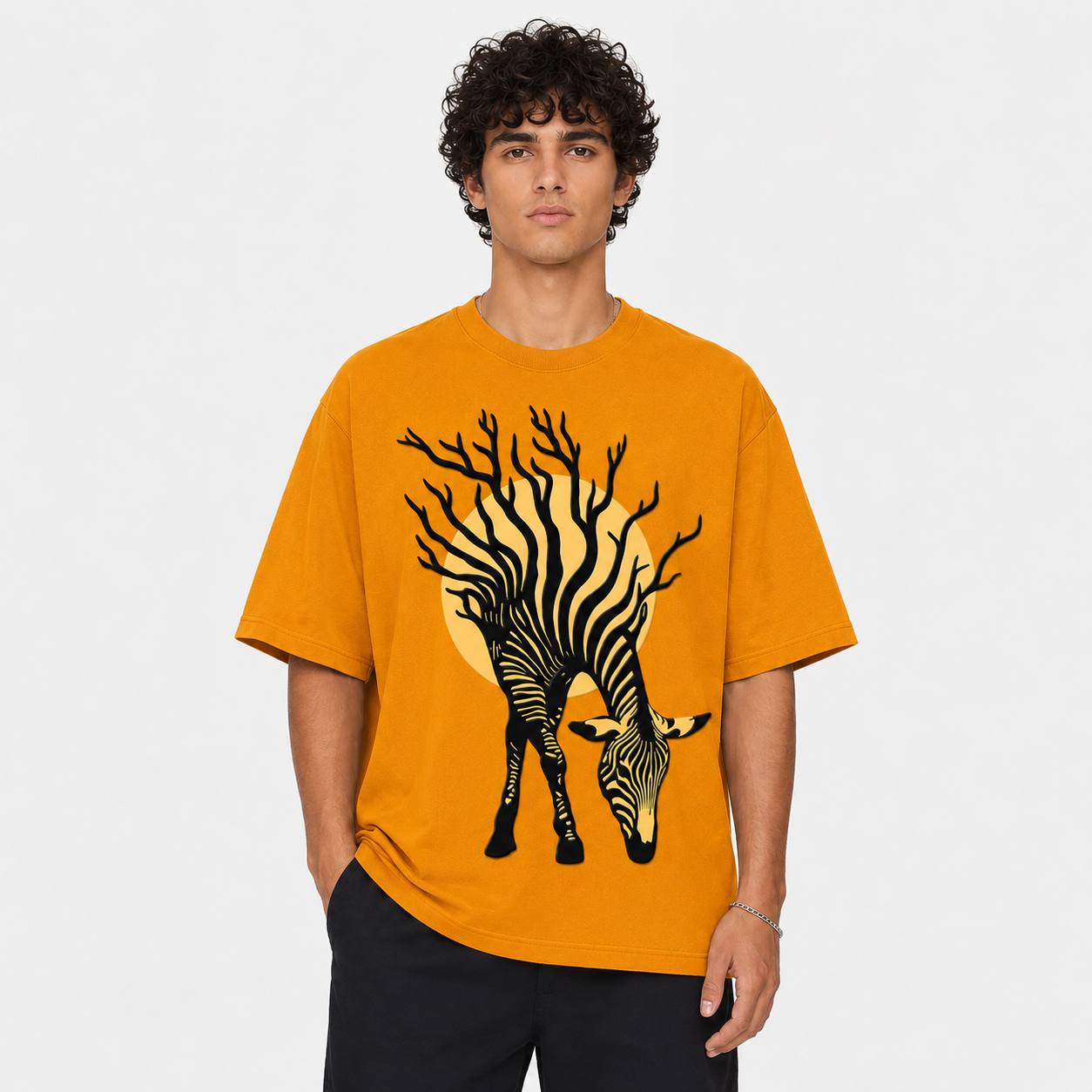 Mustard Yellow Zebra 3D Puff Print Oversized T-Shirt | 240 GSM French Terry Cotton