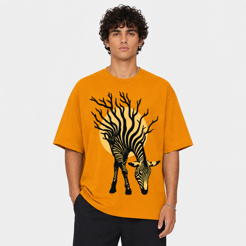 Mustard Yellow Zebra 3D Puff Print Oversized T-Shirt | 240 GSM French Terry Cotton