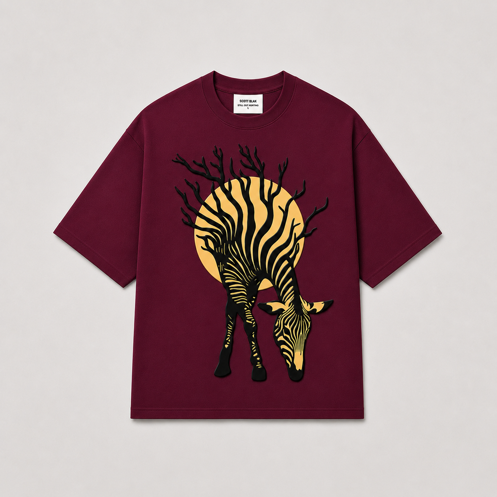 Maroon Zebra 3D Puff Print Oversized T-Shirt | 240 GSM French Terry Cotton