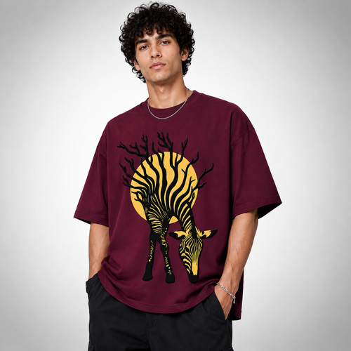 Maroon Zebra 3D Puff Print Oversized T-Shirt | 240 GSM French Terry Cotton
