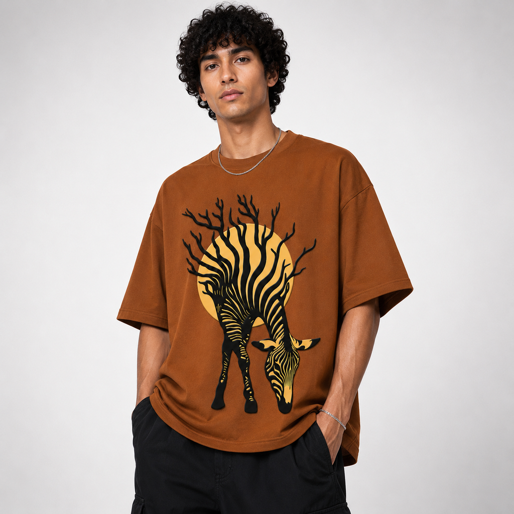 Brown Zebra Puff Print Oversized T-Shirt – 240 GSM French Terry Cotton