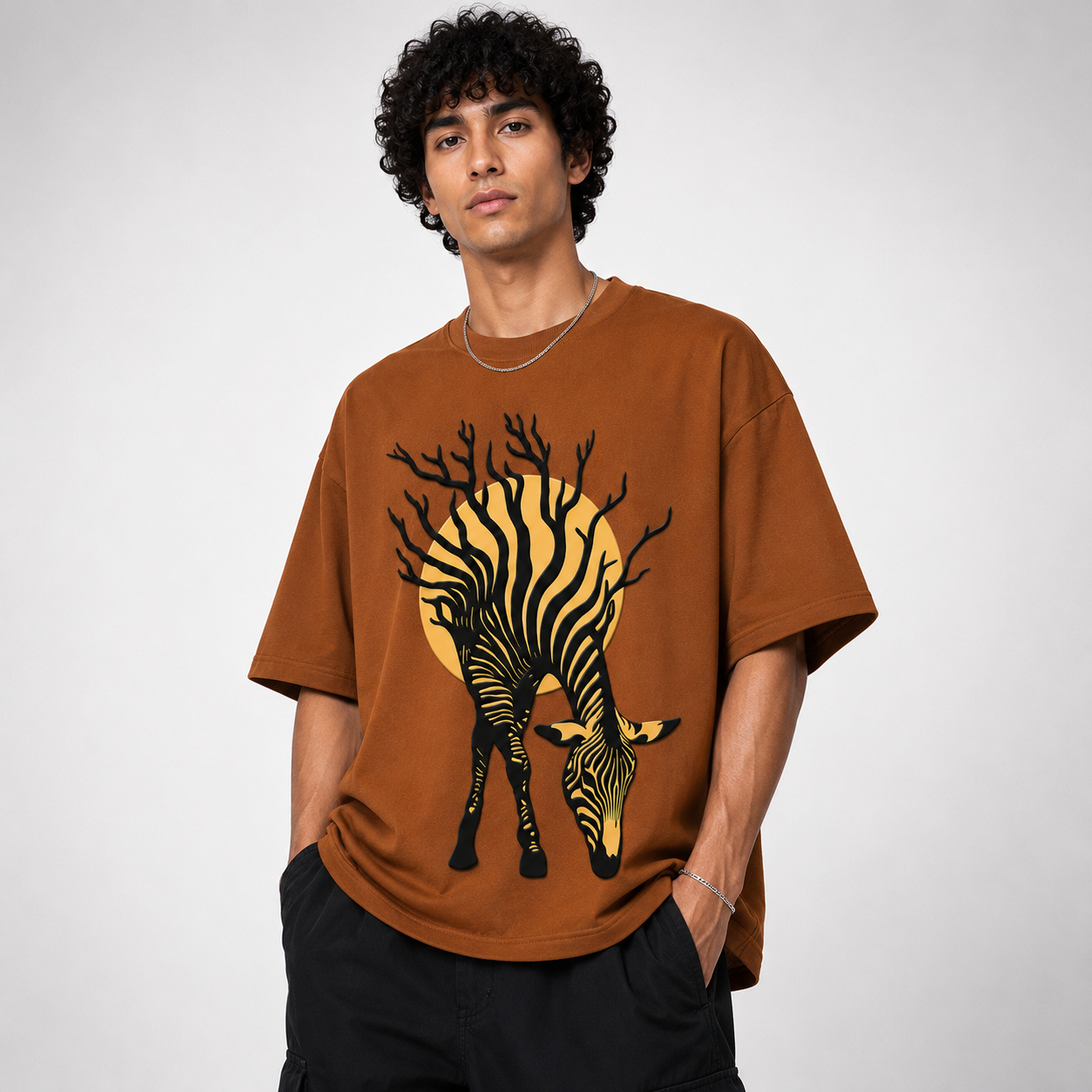 Brown Zebra Puff Print Oversized T-Shirt – 240 GSM French Terry Cotton