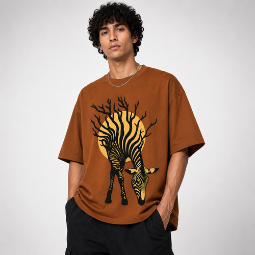 Brown Zebra Puff Print Oversized T-Shirt – 240 GSM French Terry Cotton