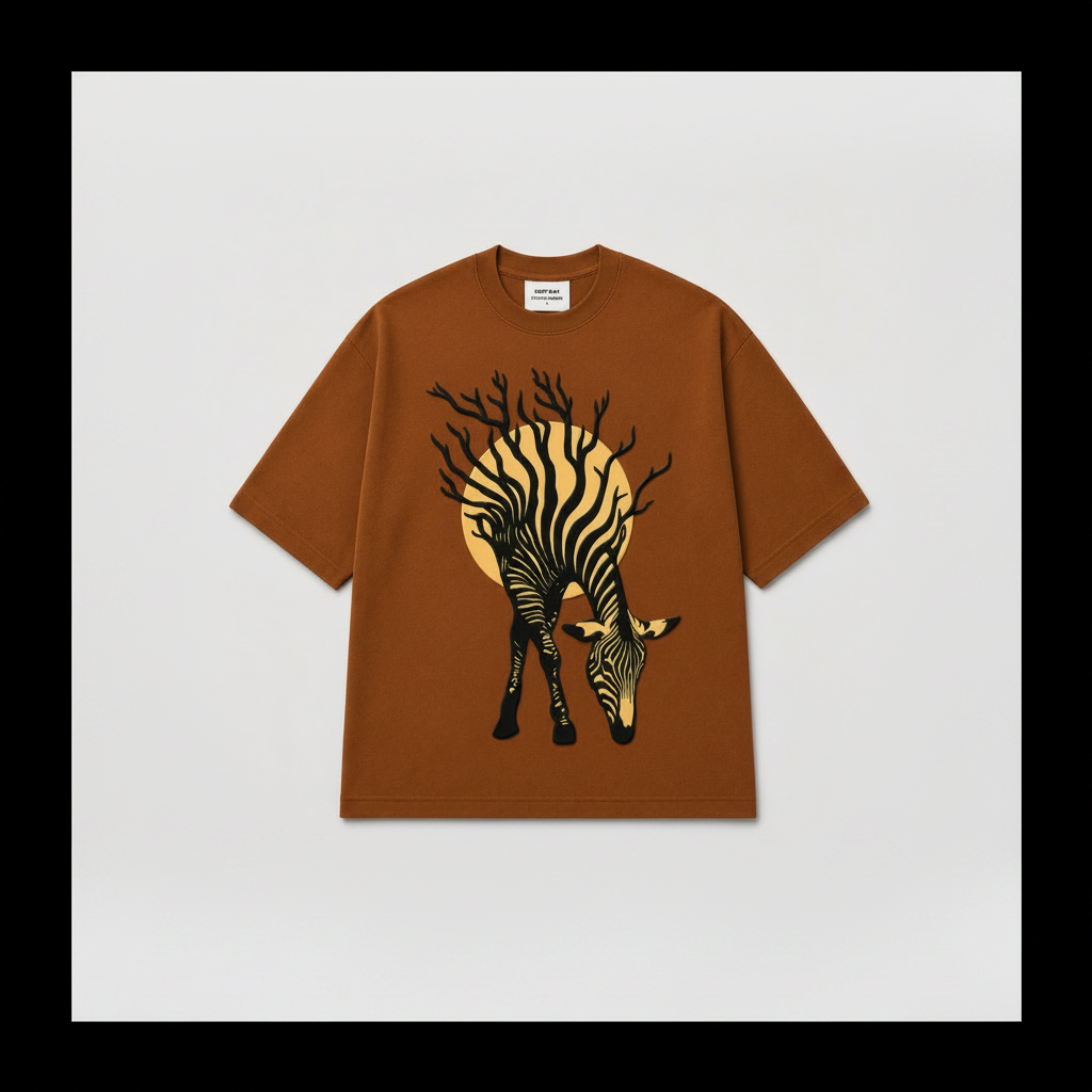 Brown Zebra Puff Print Oversized T-Shirt – 240 GSM French Terry Cotton