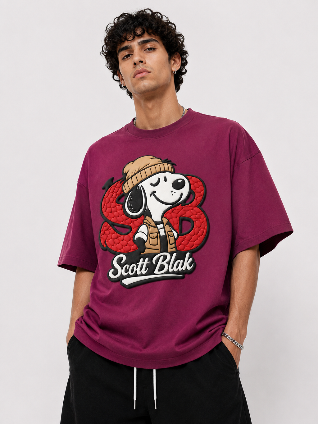Scott Blak Puff Graphic Oversized T-Shirt – Light Burgundy