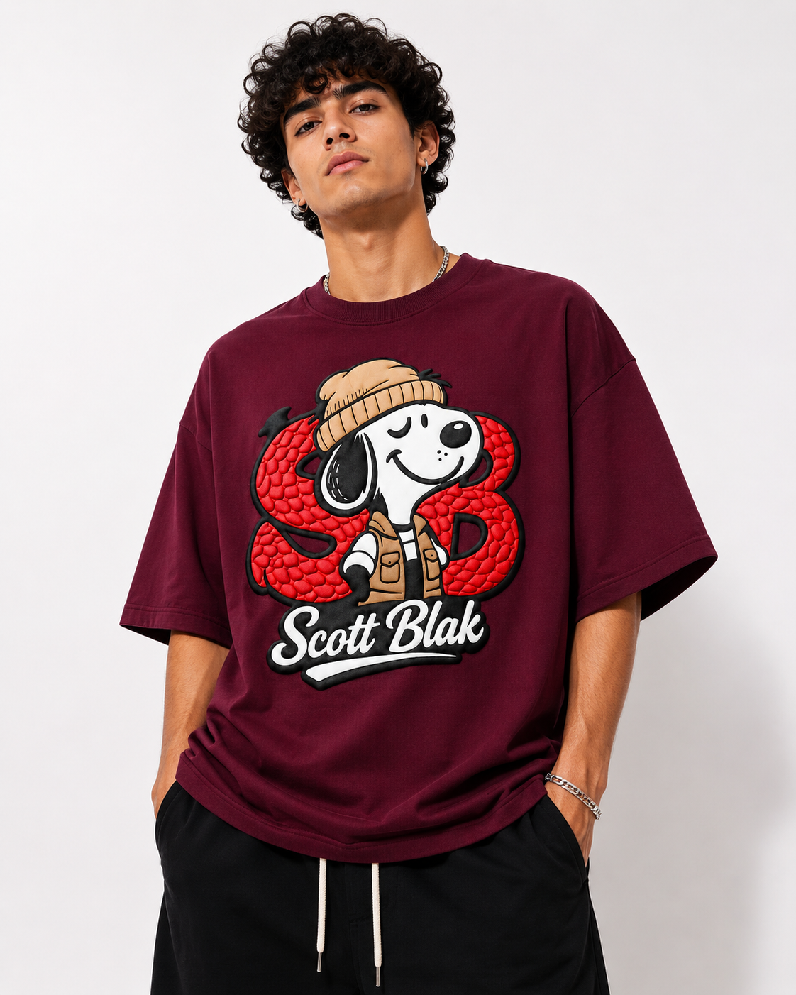 Scott Blak Snoopy Oversized Graphic T-Shirt – Dark Burgundy