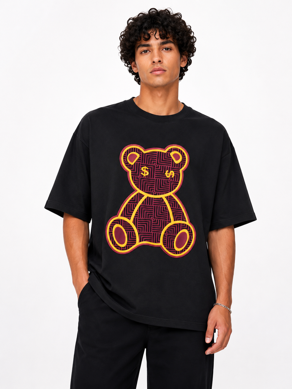 SCOTTBLAK Jet Black Luxe Puff Bear Oversized Tee
