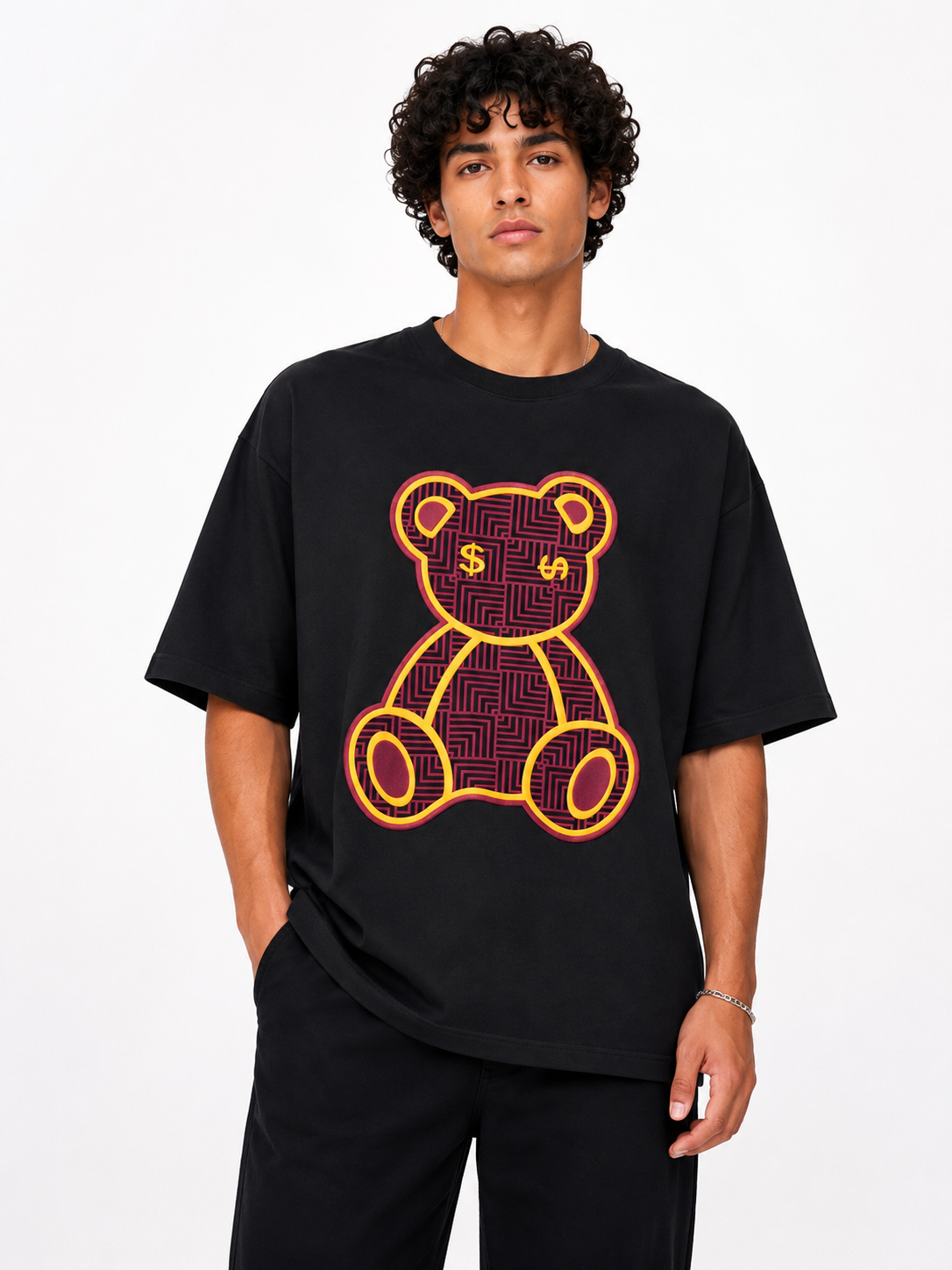 SCOTTBLAK Jet Black Luxe Puff Bear Oversized Tee
