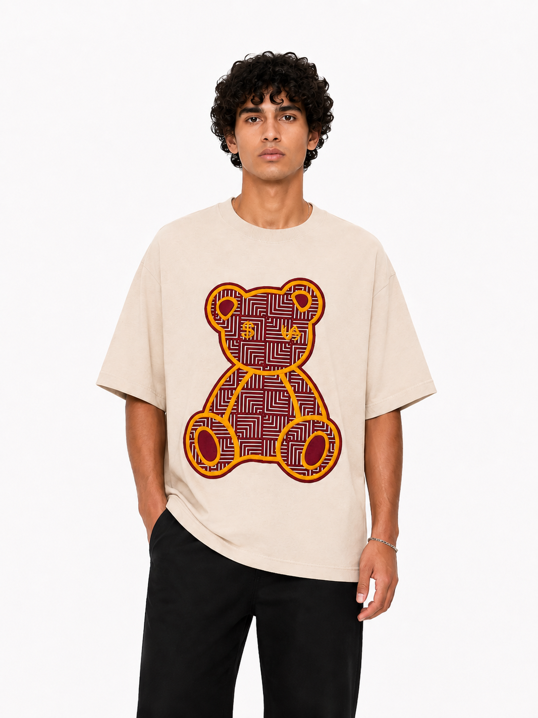 SCOTTBLAK Sand Beige Luxe Puff Bear Oversized Tee