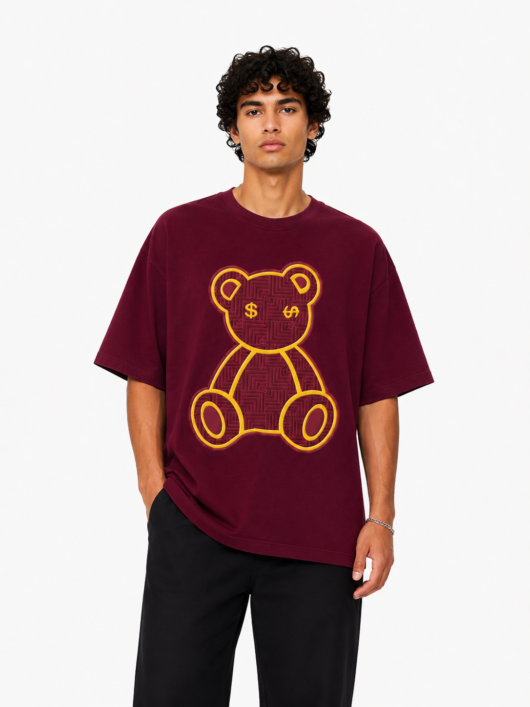 SCOTTBLAK Wine Burgundy Luxe Puff Bear Oversized Tee