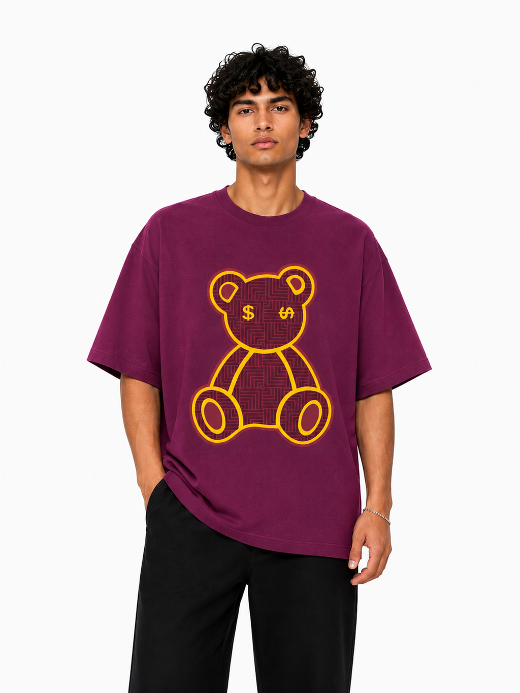 SCOTTBLAK Light Burgundy Luxe Puff Bear Oversized Tee