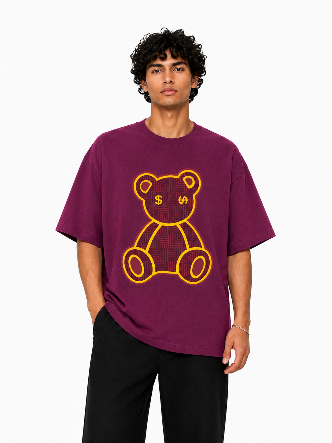 SCOTTBLAK Light Burgundy Luxe Puff Bear Oversized Tee