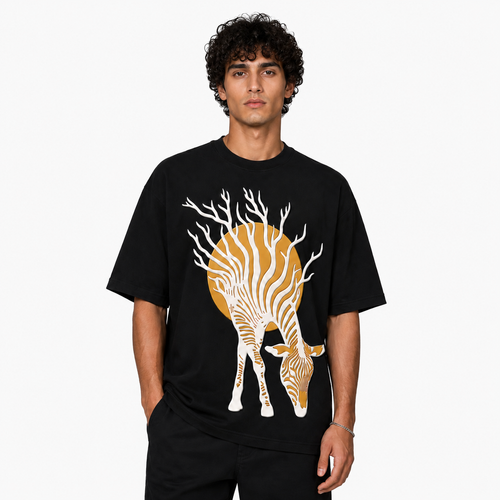 Black Zebra 3D Puff Print Oversized T-Shirt | 240 GSM French Terry Cotton