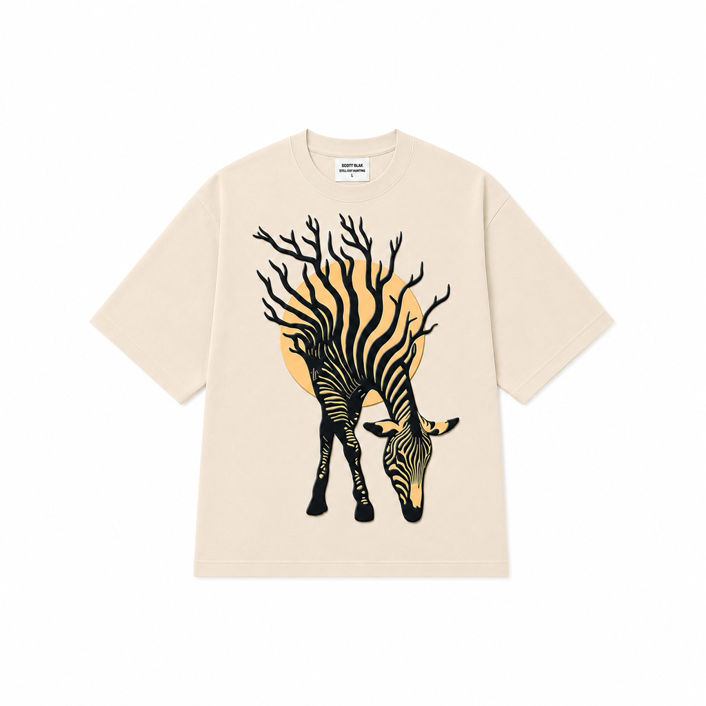 Beige Zebra 3D Puff Print Oversized T-Shirt | 240 GSM French Terry Cotton