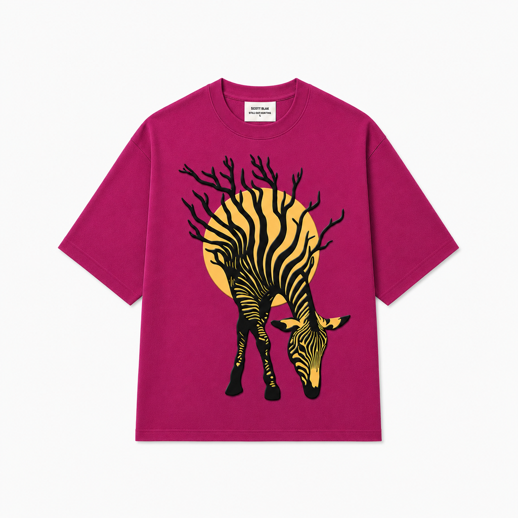 Magenta Zebra 3D Puff Print Oversized T-Shirt | 240 GSM French Terry Cotton