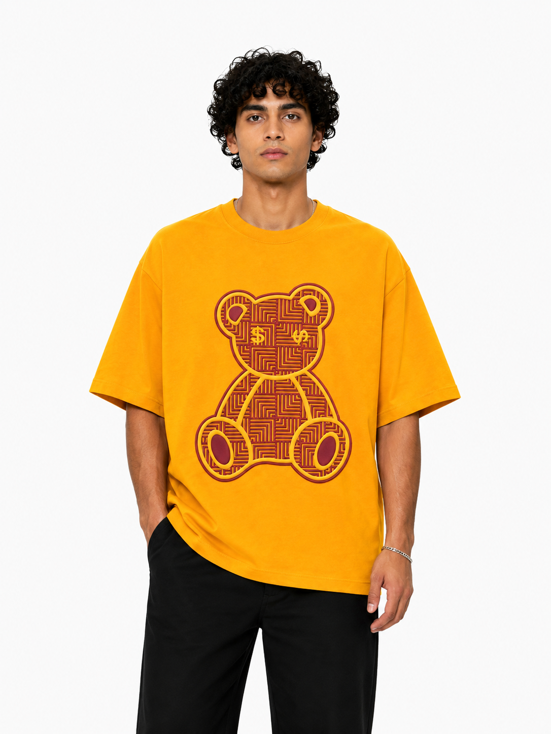 SCOTTBLAK Mustard Gold Luxe Puff Bear Oversized Tee